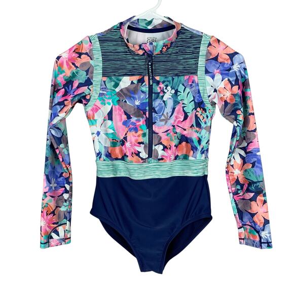 Athleta Girl Swimsuit Long Sleeve One Piece Floral Blue Rash Guard Girls M 8 10 - Picture 1 of 7